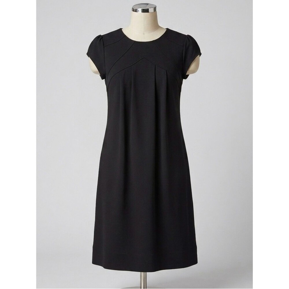 Anthropologie Black Ponte Knit Shift Dress Button Back Pleated Cap Sleeve Small - Picture 1 of 9
